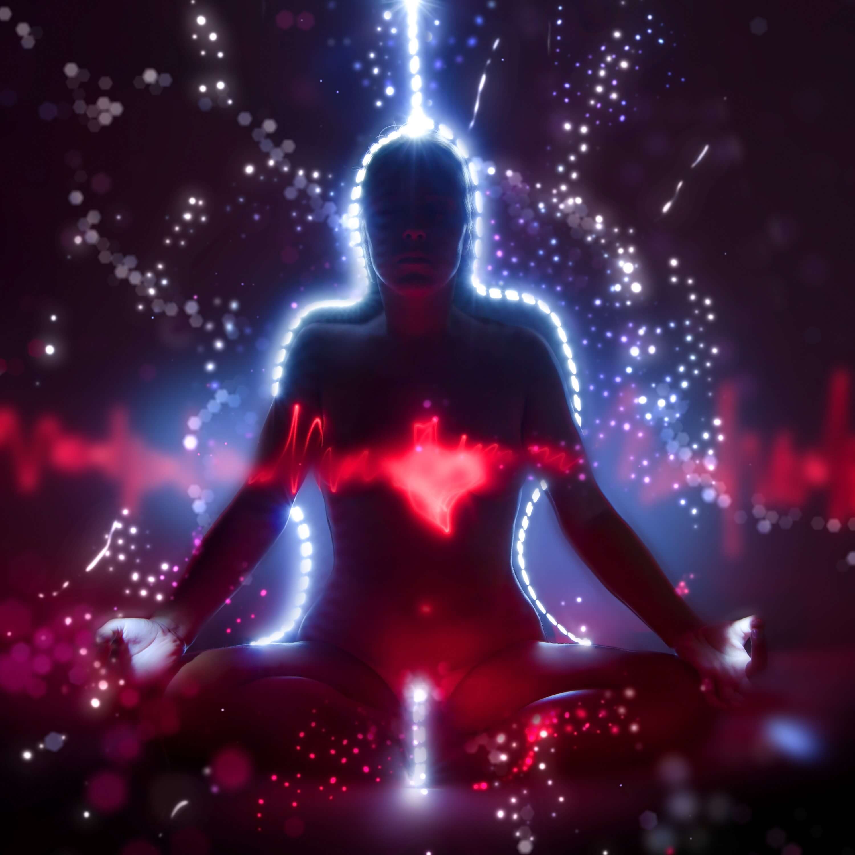 Silhouette Of A Woman In Lotus Meditation Position With Shining Medium/Channeling
